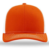The Richardson 112 Snapback Trucker Cap is a bright orange hat with a cotton/poly front, white mesh back, and white stitching on the front panels and brim. Custom embroidered, shown from the front.