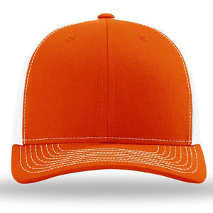 The Richardson 112 Snapback Trucker Cap is a bright orange hat with a cotton/poly front, white mesh back, and white stitching on the front panels and brim. Custom embroidered, shown from the front.