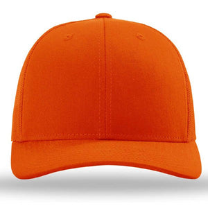 The Richardson 112 Snapback Trucker Cap by Richardson is shown from the front against a white background, featuring a plain orange design and mesh back.