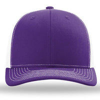 The Richardson 112 Snapback Trucker Cap by Richardson is custom embroidered, featuring purple and white colors with white stitching, shown from the front against a plain background.