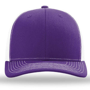 The Richardson 112 Snapback Trucker Cap by Richardson is custom embroidered, featuring purple and white colors with white stitching, shown from the front against a plain background.