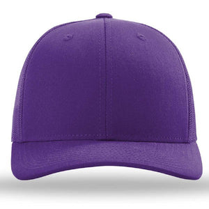 The Richardson 112 Snapback Trucker Cap by Richardson is shown from the front in plain purple, featuring a curved brim, structured crown, and breathable mesh back.