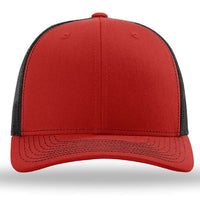 The Richardson 112 Snapback Trucker Cap—Custom Embroidered Hat by Richardson—is shown in red with a cotton/polyester front, black mesh back and sides, black stitching, and viewed from the front on a white background.