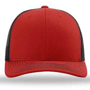 The Richardson 112 Snapback Trucker Cap—Custom Embroidered Hat by Richardson—is shown in red with a cotton/polyester front, black mesh back and sides, black stitching, and viewed from the front on a white background.