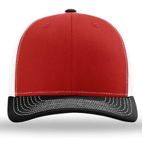 The Richardson 112 Snapback Trucker Cap by Richardson is a custom embroidered hat in red cotton/polyester with a black brim, white stitching, and a white mesh back, displayed front view.