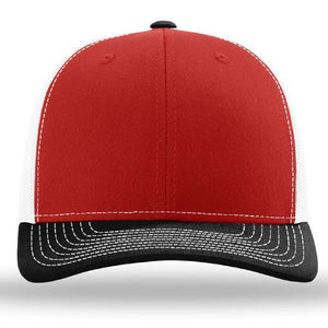 The Richardson 112 Snapback Trucker Cap by Richardson is a custom embroidered hat in red cotton/polyester with a black brim, white stitching, and a white mesh back, displayed front view.