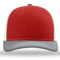 The Richardson 112 Snapback Trucker Cap by Richardson is a red and white custom embroidered hat with a gray brim, white stitching, and mesh back panels for breathability, shown from the front.