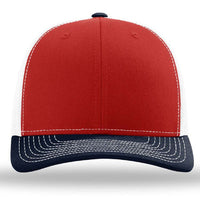 The Richardson 112 Snapback Trucker Cap by Richardson features a black curved brim, red front panels, white stitching, and a breathable mesh back, shown from the front against a plain background.