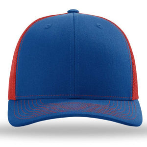 The Richardson 112 Snapback Trucker Cap by Richardson, custom embroidered, features a blue front panel with a red mesh back and red stitching, shown from the front against a white background.