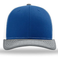 The Richardson 112 Snapback Trucker Cap by Richardson features a blue and white design, gray brim, white stitching, custom embroidery, and a breathable mesh back, shown front view against a plain background.
