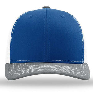 The Richardson 112 Snapback Trucker Cap by Richardson features a blue and white design, gray brim, white stitching, custom embroidery, and a breathable mesh back, shown front view against a plain background.
