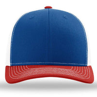 The Richardson 112 Snapback Trucker Cap by Richardson features a blue cotton/poly front, white mesh back and sides, red brim with white stitching—custom embroidered for your style.