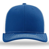The Richardson 112 Snapback Trucker Cap by Richardson is a blue and white custom embroidered hat, featuring white stitching and a mesh back, shown from the front against a plain background.