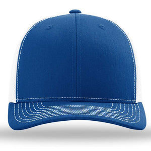 The Richardson 112 Snapback Trucker Cap by Richardson is a blue and white custom embroidered hat, featuring white stitching and a mesh back, shown from the front against a plain background.