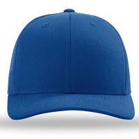 The Richardson 112 Snapback Trucker Cap, a custom embroidered hat, features a structured front, mesh back, and curved brim in plain blue, shown from the front against a white background.