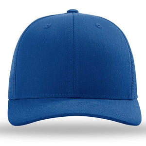 The Richardson 112 Snapback Trucker Cap, a custom embroidered hat, features a structured front, mesh back, and curved brim in plain blue, shown from the front against a white background.
