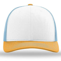 The Richardson 112 Snapback Trucker Cap by Richardson features a white front, light blue sides, a yellow brim, and a breathable mesh back, shown from the front. Custom embroidery available.