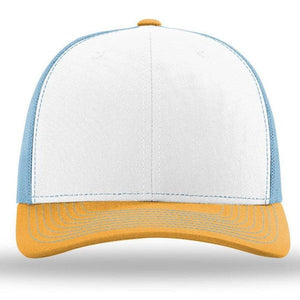 The Richardson 112 Snapback Trucker Cap by Richardson features a white front, light blue sides, a yellow brim, and a breathable mesh back, shown from the front. Custom embroidery available.