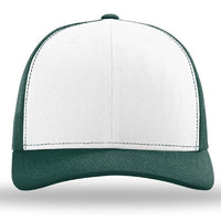 The Richardson 112 Snapback Trucker Cap by Richardson features a white cotton/polyester front, dark green bill and sides, plus a breathable mesh back. Custom embroidery available.