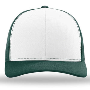 The Richardson 112 Snapback Trucker Cap by Richardson features a white cotton/polyester front, dark green bill and sides, plus a breathable mesh back. Custom embroidery available.