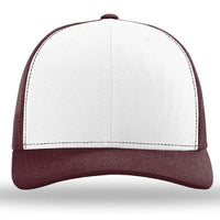 Front view of the Richardson 112 Snapback Trucker Cap by Richardson, featuring a white front panel, maroon bill and sides, and a breathable mesh back for comfort. Custom embroidered hat.