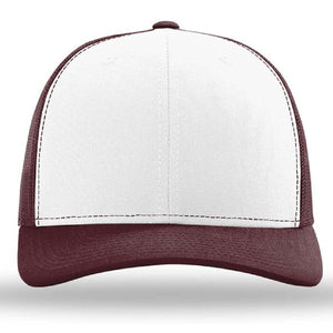 Front view of the Richardson 112 Snapback Trucker Cap by Richardson, featuring a white front panel, maroon bill and sides, and a breathable mesh back for comfort. Custom embroidered hat.