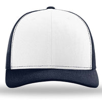 The Richardson 112 Snapback Trucker Cap by Richardson is a custom embroidered hat featuring a white front panel, black bill, and black mesh back, crafted from a cotton/polyester blend and shown from the front.