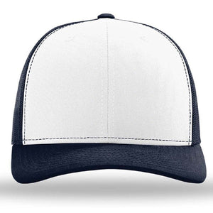 The Richardson 112 Snapback Trucker Cap by Richardson is a custom embroidered hat featuring a white front panel, black bill, and black mesh back, crafted from a cotton/polyester blend and shown from the front.