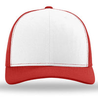 The Richardson 112 Snapback Trucker Cap by Richardson features a red bill, red mesh back, and plain white cotton/poly front panel. This custom embroidered hat is centered and photographed against a white background.