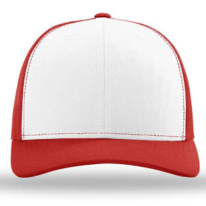 The Richardson 112 Snapback Trucker Cap by Richardson features a red bill, red mesh back, and plain white cotton/poly front panel. This custom embroidered hat is centered and photographed against a white background.