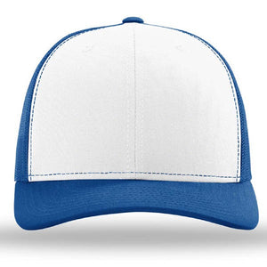 The Richardson 112 Snapback Trucker Cap by Richardson features a white cotton/polyester crown, blue bill, blue mesh back and sides, white stitching, and is available as a custom embroidered hat.