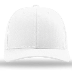 The Richardson 112 Snapback Trucker Cap by Richardson is a custom embroidered hat with a cotton/polyester blend, snapback closure, and a plain white front, shown from the front against a white background.