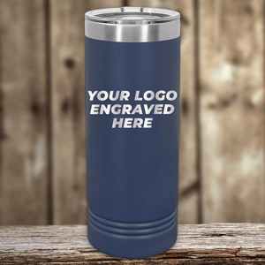 A navy blue Kodiak Coolers tumbler with stainless steel lid and your custom company logo engraved, shown on a wooden background—ideal as a Realtor closing gift for clients or to enhance your personalized drinkware collection.