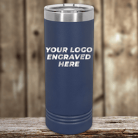 Showcase your brand with Kodiak Coolers’ Engraved Custom Logo Drinkware—single side engraving included in price and bulk tiered pricing available. Blue stainless steel tumbler with silver lid displayed on a wooden background for custom logo mugs.