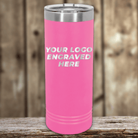 The Kodiak Coolers Engraved Custom Logo Drinkware, featuring single side engraving and tiered bulk pricing, is a pink stainless steel tumbler on wood with “YOUR LOGO ENGRAVED HERE”—ideal for custom logo mug seekers.