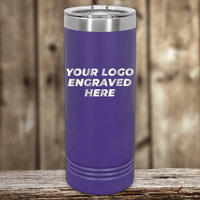 A purple stainless steel tumbler from Kodiak Coolers with your custom company logo engraved, ideal as a Realtor closing gift for clients or personalized drinkware, shown on a wooden surface with a blurred wood background.