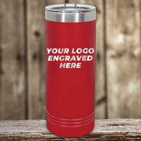 Kodiak Coolers Engraved Custom Logo Drinkware with single-side engraving included—ideal for custom mugs. Shown: red tumbler with stainless steel lid and "YOUR LOGO ENGRAVED HERE" text, set on a blurred wood background. Bulk pricing available.