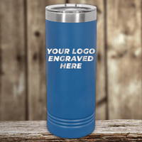 Showcase your brand with the Kodiak Coolers Engraved Custom Logo Drinkware, featuring single side engraving (included) and bulk tiered pricing. Blue stainless steel tumbler is displayed on wood with "YOUR LOGO ENGRAVED HERE" on the side.