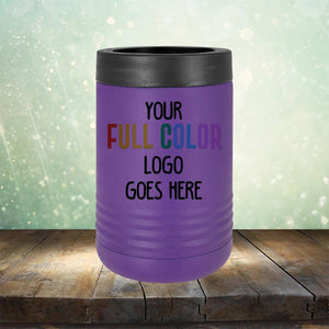 A purple Kodiak Coolers Custom UV Printed Drinkware - ONE TIME SPECIAL OFFER with a black top, customizable with full-color logos or engraving, placed on a wooden surface against a light green background with bokeh effect.