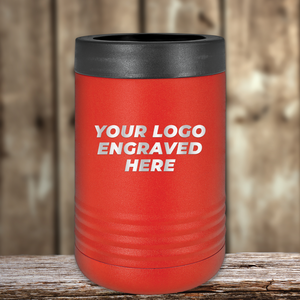 A red Kodiak Coolers tumbler with a black lid sits on wood. "YOUR LOGO ENGRAVED HERE" is printed in white, making it ideal as a Realtor Closing Gift or personalized drinkware featuring your custom company logo.