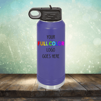 Purple Custom UV Printed Drinkware - Single Side Printing Included in Price with a black lid and a loop handle, standing on a wooden surface. The bottle has "Your Full Color Logo Goes Here" printed on the front, similar to our customized tumblers. Background is a light, sparkly gradient. This product is from Kodiak Coolers.