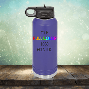 Purple Custom UV Printed Drinkware - Single Side Printing Included in Price with a black lid and a loop handle, standing on a wooden surface. The bottle has "Your Full Color Logo Goes Here" printed on the front, similar to our customized tumblers. Background is a light, sparkly gradient. This product is from Kodiak Coolers.