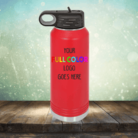 A Custom UV Printed Drinkware - ONE TIME SPECIAL OFFER from Kodiak Coolers with a black lid is shown on a wooden surface with a sparkling background. The text "Your Full Color Logo Goes Here" is displayed on the bottle, making it perfect for custom engraving.
