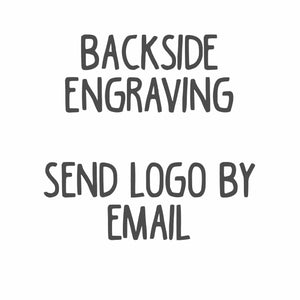 Text reads: "BACKSIDE ENGRAVING SEND LOGO BY EMAIL" in all caps with a handwritten-style font—great for Kodiak Wholesale's ADD ON: Backside Engraving (Second Logo or Custom Names) at $4 extra per unit. Perfect for your drink-ware customization!.