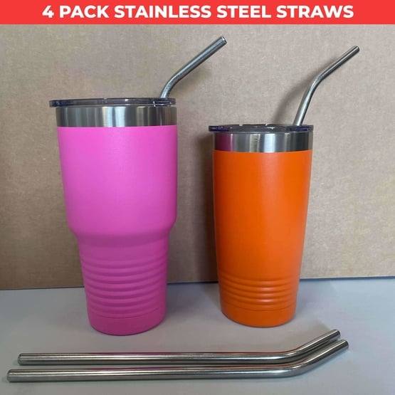 Two stainless steel tumblers, pink and orange, each include a stainless steel straw with two extra 10-inch straws displayed in front. The red banner declares "Kodiak Wholesale 10\" Stainless Steel Straw - (4 Pack)," making them perfect tumbler accessories for any occasion.