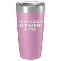 A pink travel tumbler with a stainless steel lid, text on the tumbler reads "Your Logo Engraved Here." Perfect as personalized mugs or a promotional gift, Custom Logo 20 oz Tumblers - SPECIAL OFFER - Front side Logo Included by Kodiak Coolers.