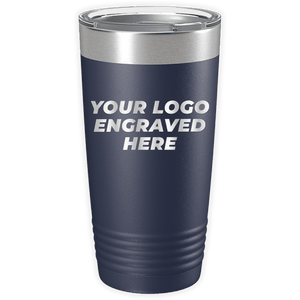 A navy blue tumbler with a silver lid, featuring the text "YOUR LOGO ENGRAVED HERE" in white letters on its front, makes an excellent promotional gift. *Kodiak Coolers - Custom Logo 20 oz Tumblers - SPECIAL OFFER - Front side Logo Included*
