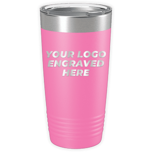 A pink insulated Kodiak Coolers Custom Logo 20 oz Tumbler - SPECIAL OFFER - Front side Logo Included with a stainless steel lid, featuring the text "Your Logo Engraved Here" printed in white on the side. Ideal as a promotional gift, this custom mug adds a personal touch to your brand.