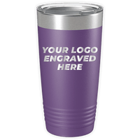 A purple Kodiak Coolers Custom Logo 20 oz Tumbler - SPECIAL OFFER - Front side Logo Included with a silver lid and the text "YOUR LOGO ENGRAVED HERE" written in white, making it an ideal promotional gift. These personalized mugs are perfect for showcasing your brand.