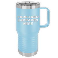 Light blue insulated Custom Logo 20 oz Insulated Travel Tumbler with a handle and a silver lid, featuring the text "your logo engraved here" on its side by Kodiak Coolers.